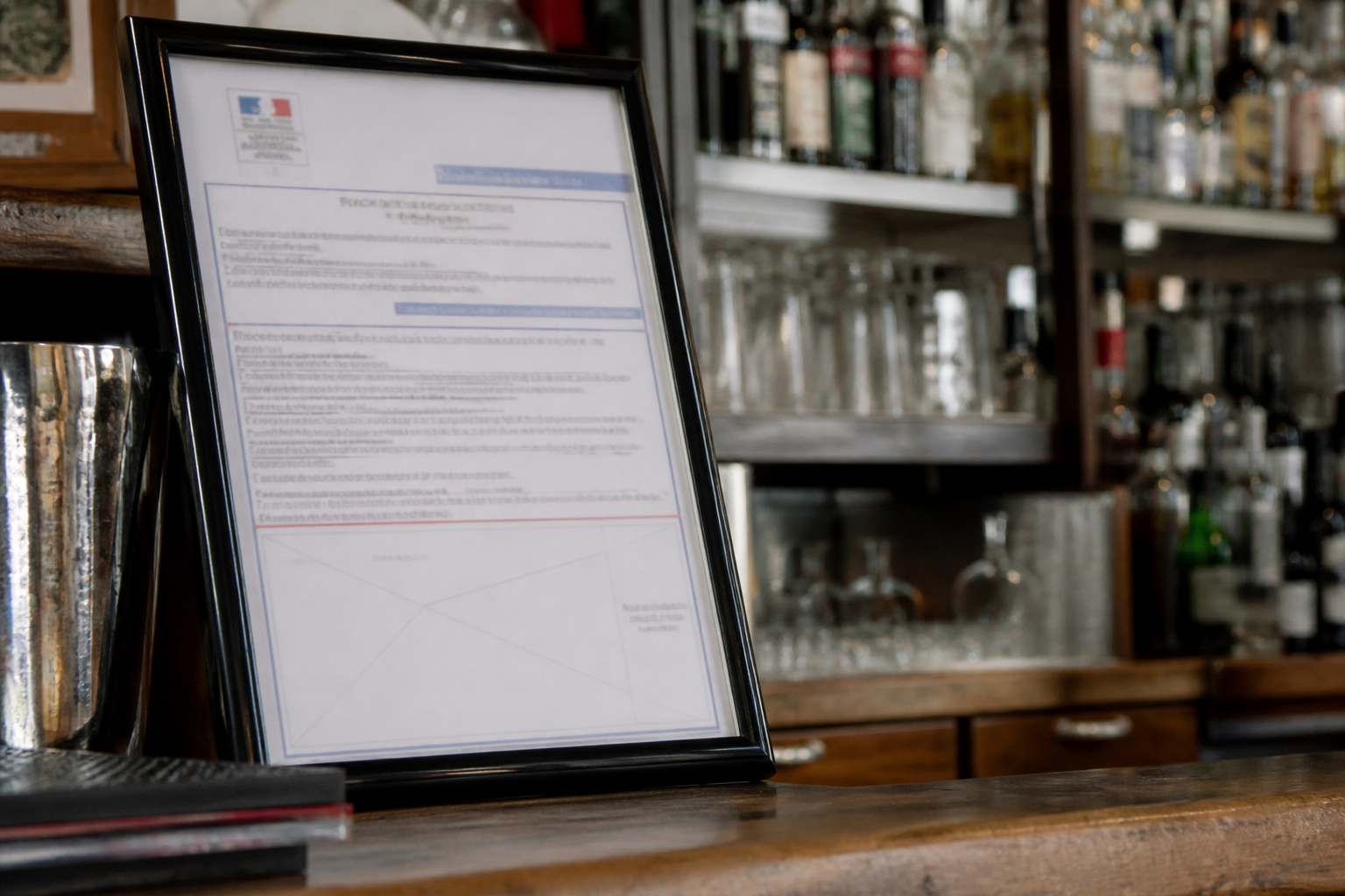 Permis encadré derrière un comptoir de bar, avec verres et bouteilles flous en arrière-plan dans une ambiance réglementaire.