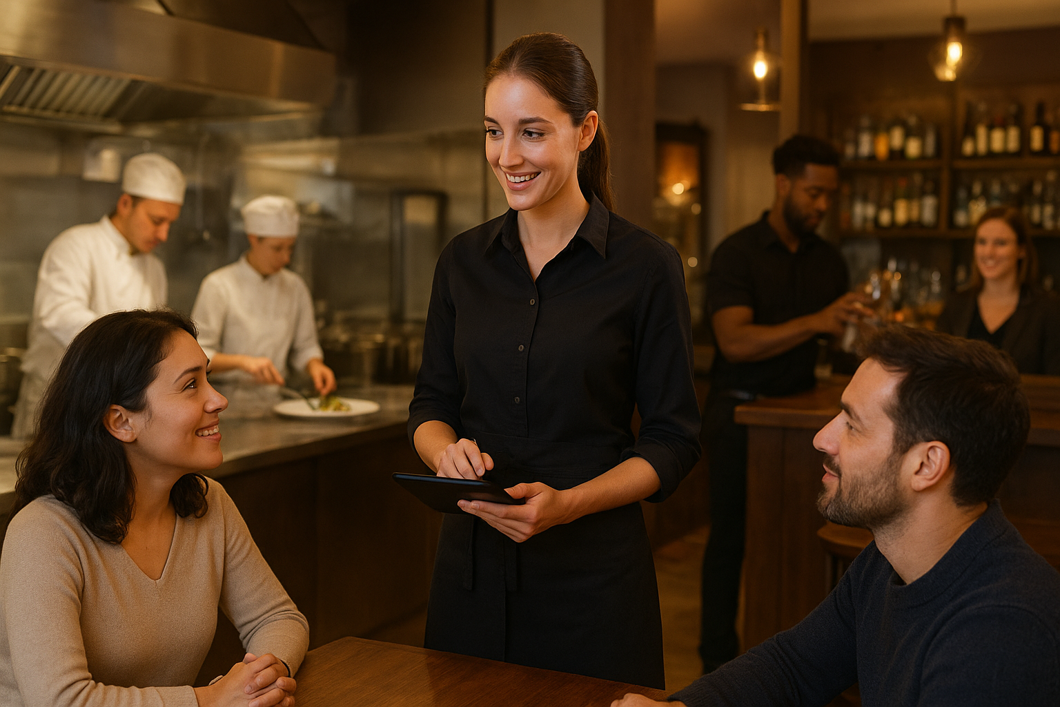 Serveuse, cuisiniers, barman et réceptionniste en action dans un établissement CHR français, illustrant les métiers qui recrutent en hôtellerie-restauration en 2026.