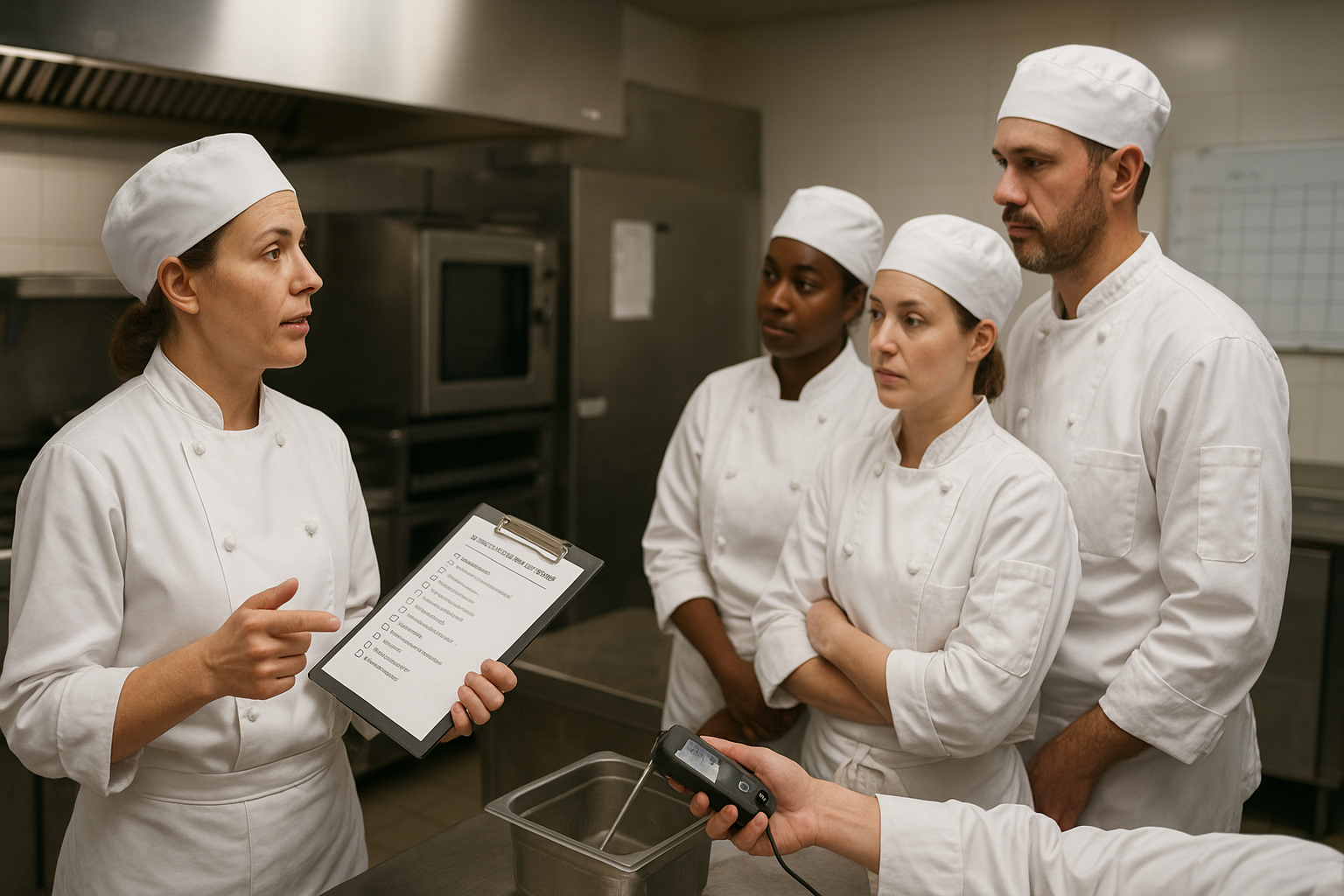 Formation HACCP en cuisine professionnelle : formateur et équipe CHR réalisent un contrôle d’hygiène avec checklist PMS et thermomètre-sonde