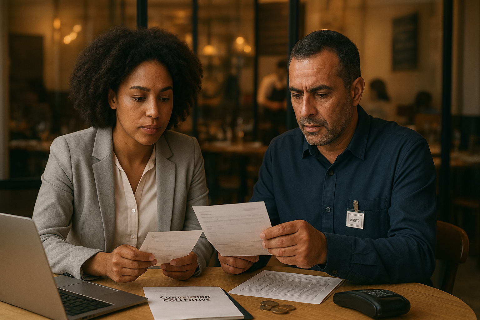 Gérant de restaurant et responsable RH vérifiant une paie HCR avec documents et ordinateur, dans un bureau donnant sur une salle de restaurant française en activité.