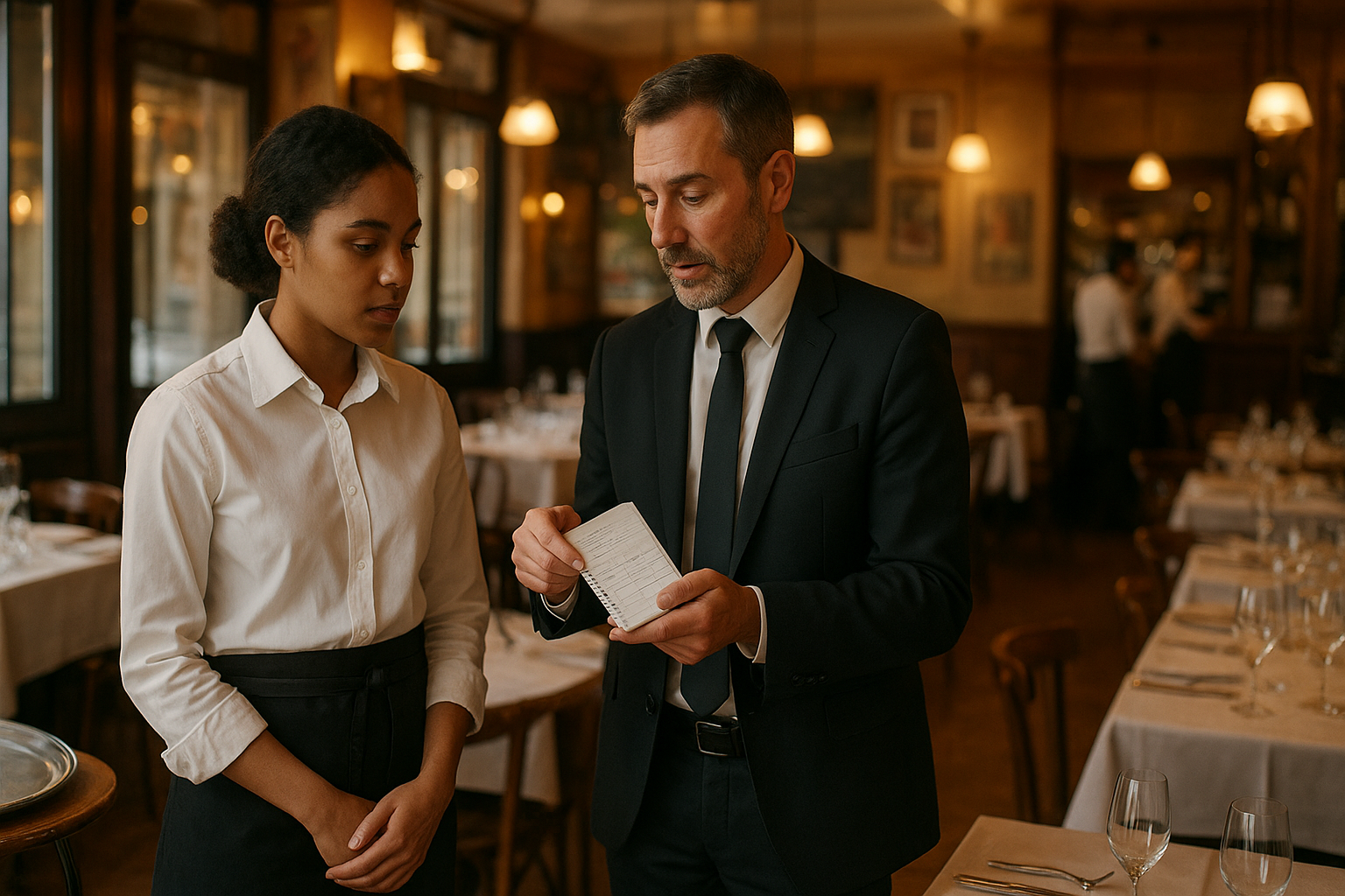 Deux professionnels en salle de restaurant français : un serveur expérimenté montre à un débutant en reconversion un plan de tables et les bases du service avant le coup de feu, dans une ambiance chaleureuse.