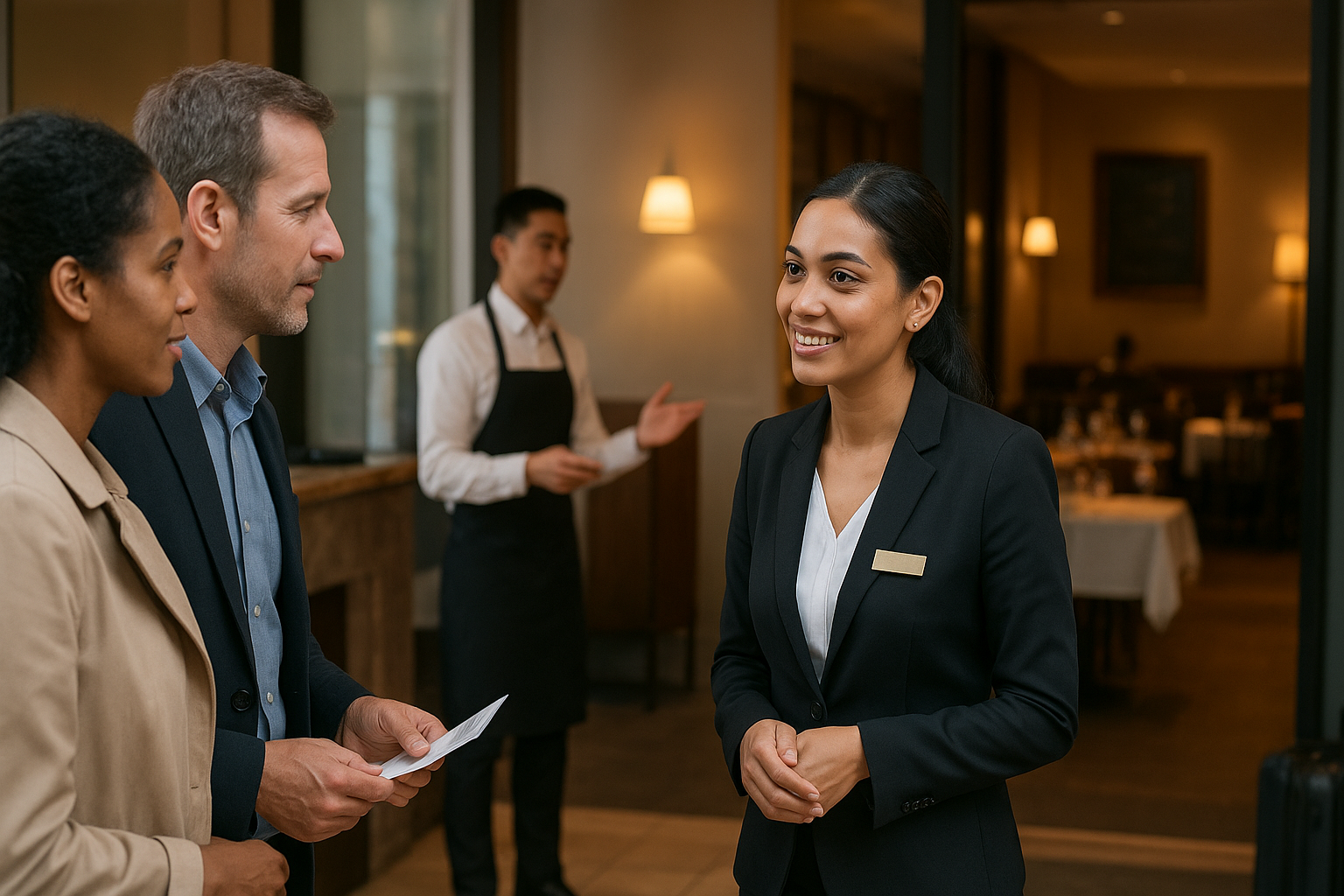 Accueil chaleureux dans un hôtel-restaurant en France : réceptionniste et serveur en interaction professionnelle avec des clients, illustrant les soft skills en hôtellerie-restauration.
