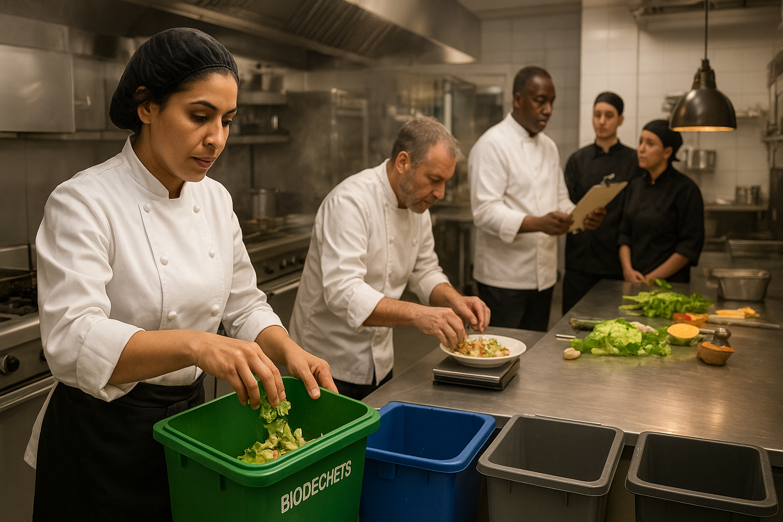 Équipe en cuisine professionnelle française triant les biodéchets et pesant les restes pour réduire le gaspillage alimentaire, dans une démarche de conformité développement durable CHR.
