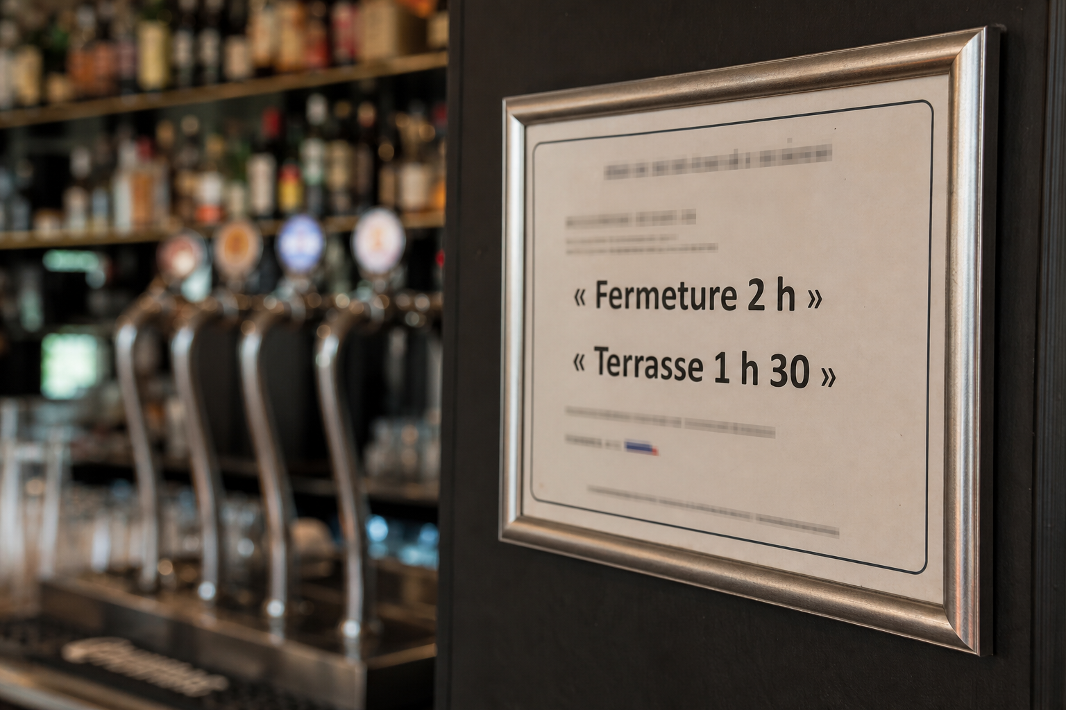 Gros plan sur un affichage d’horaires dans un bar, avec comptoir et tireuses flous en arrière-plan.