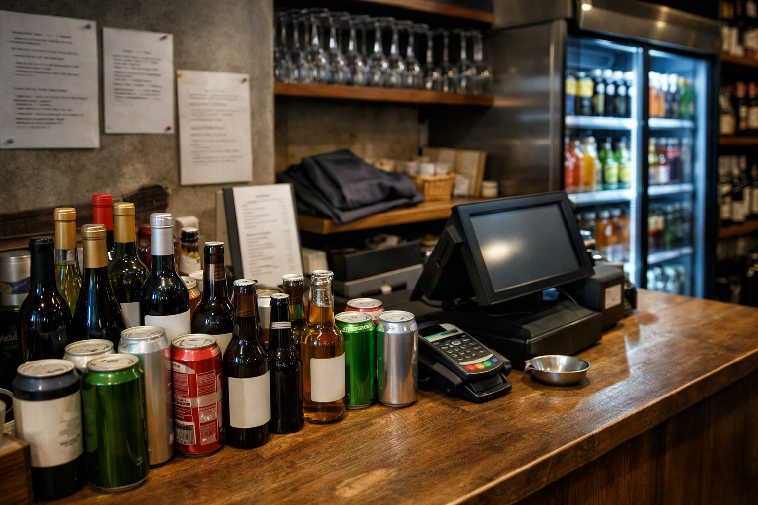 Caviste et épicerie de nuit en France avec bouteilles d’alcool à emporter près de la caisse, illustrant les licences et règles de vente d’alcool à emporter.