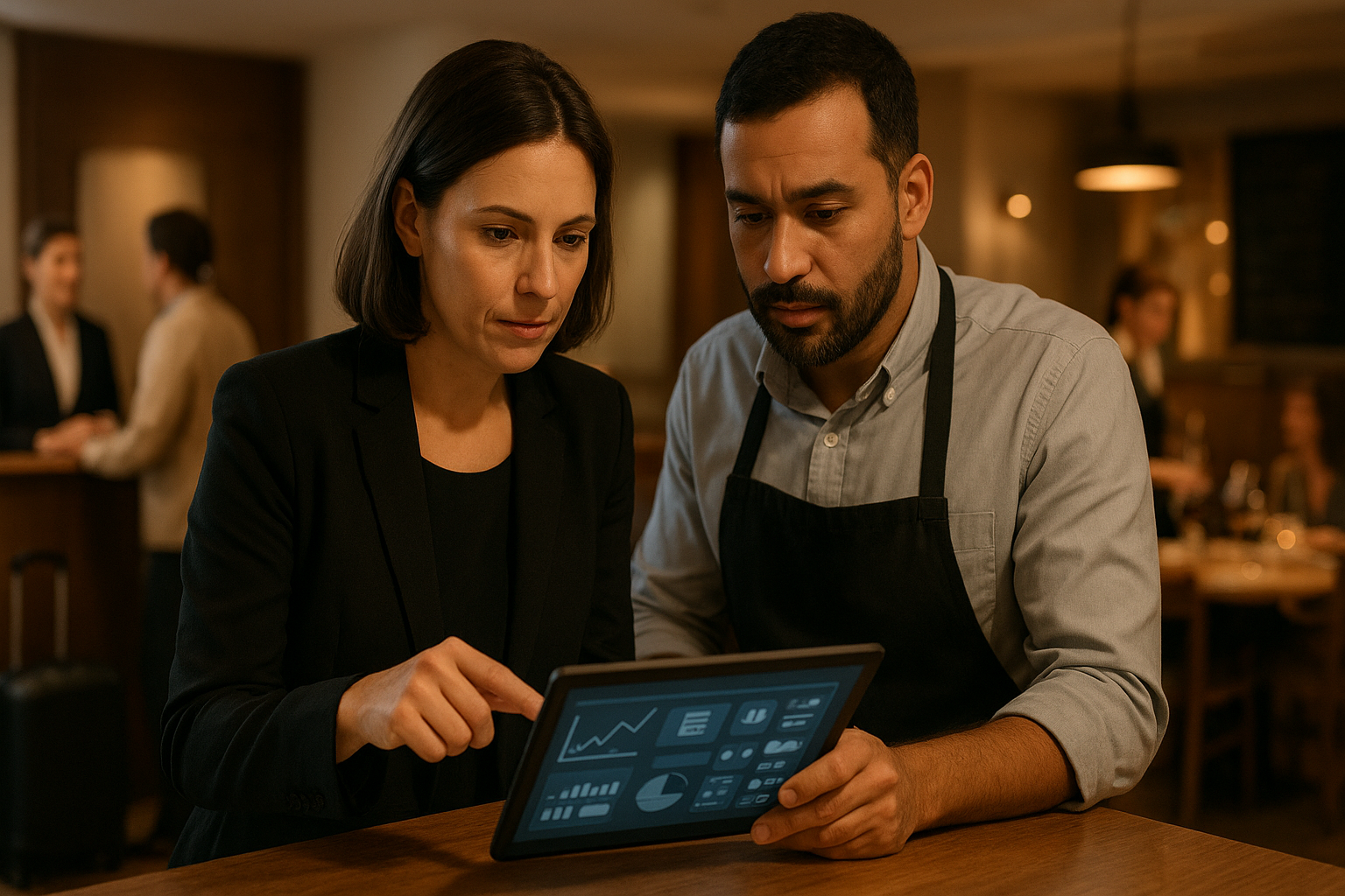 Managers d’un hôtel et d’une brasserie en France consultant une tablette d’analyse IA (avis, planning, stocks, réservations, pricing) dans un environnement CHR réel, avec clients et personnel en arrière-plan