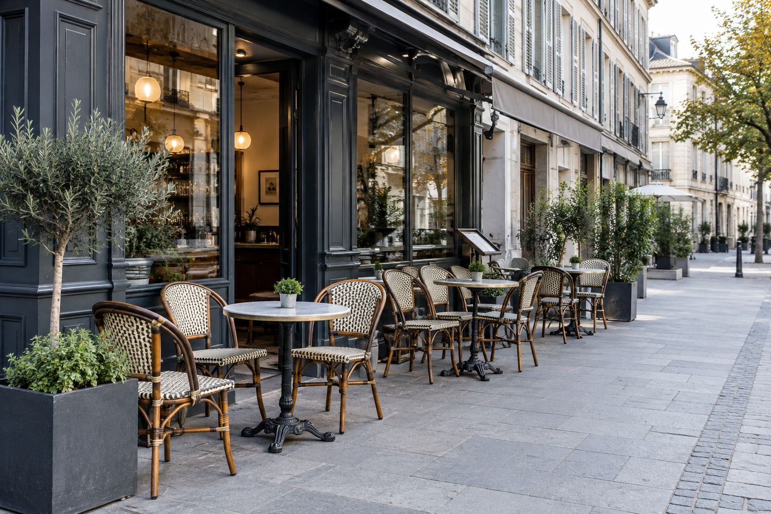 Terrasse de café avec tables et chaises alignées devant une façade, à côté d’un passage piéton dégagé et de plain-pied.