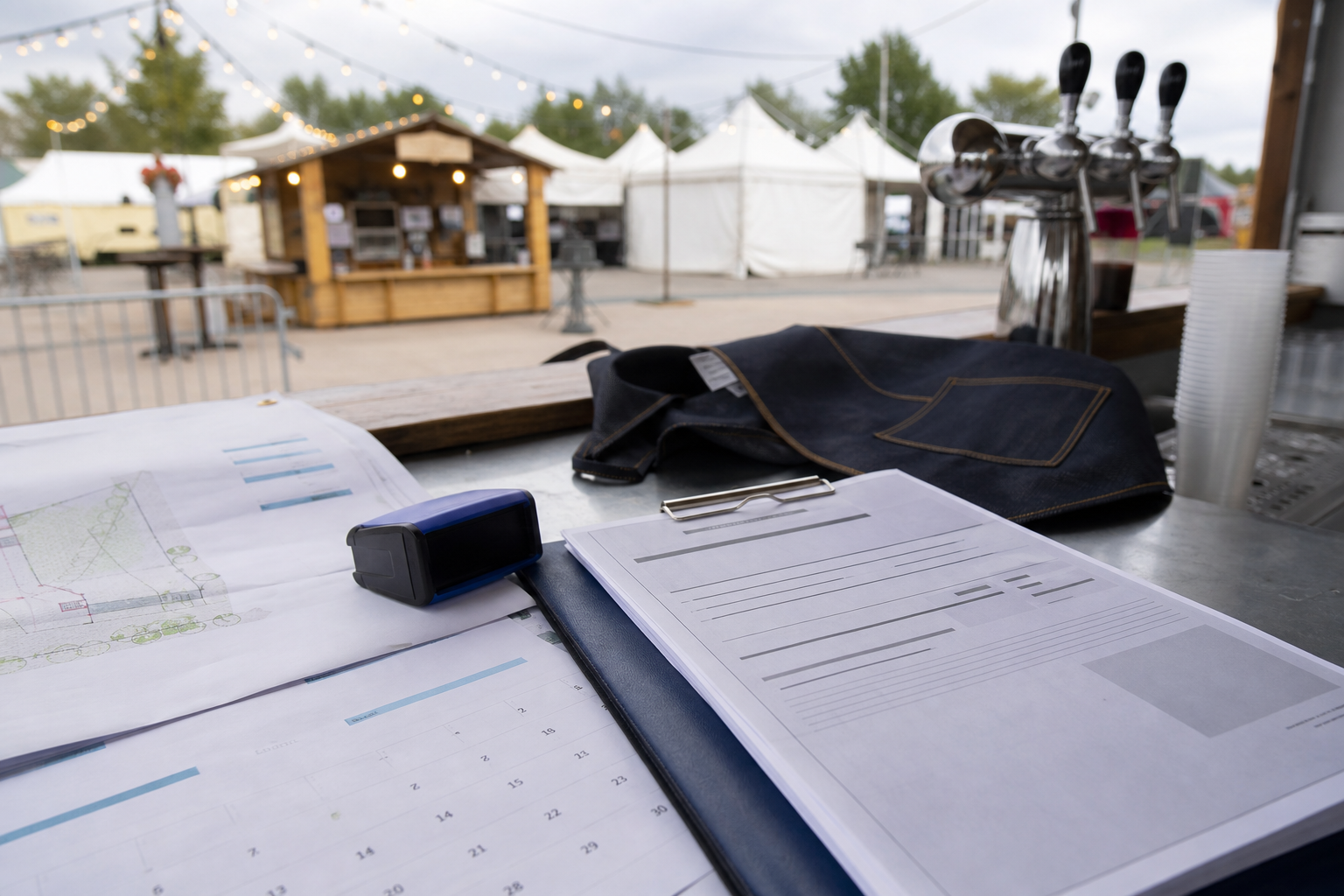 Buvette temporaire avec documents d’autorisation municipale et comptoir de bar, illustrant la licence de débit de boissons en France