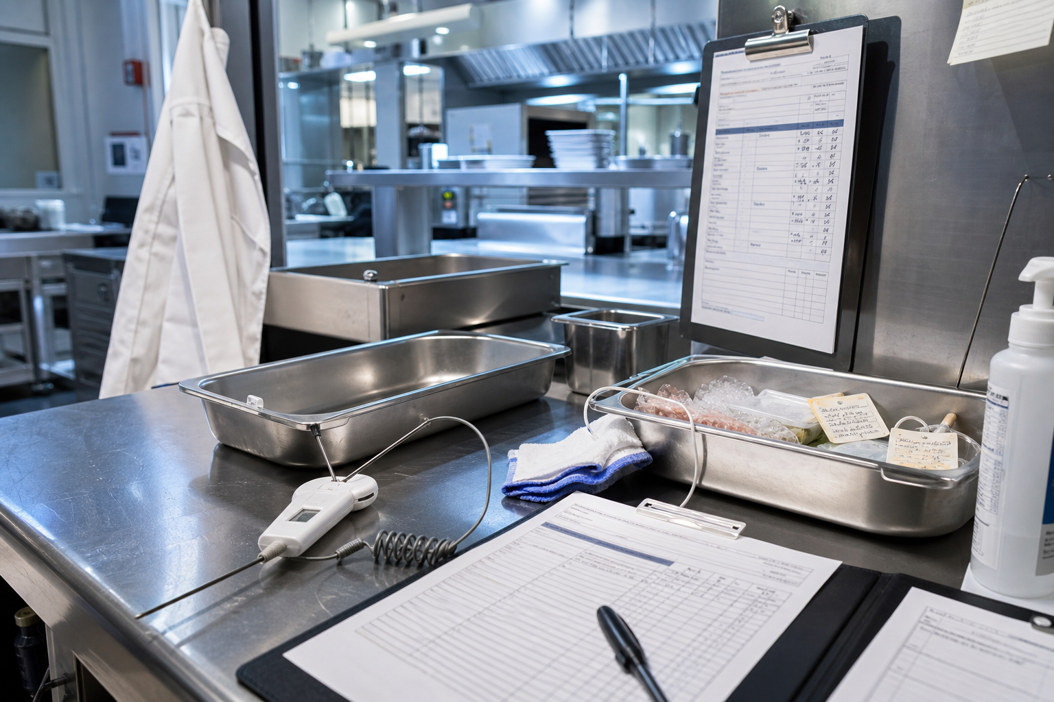 Contrôle HACCP dans une cuisine professionnelle avec thermomètre sonde, fiche d’hygiène et matériel inox de restaurant