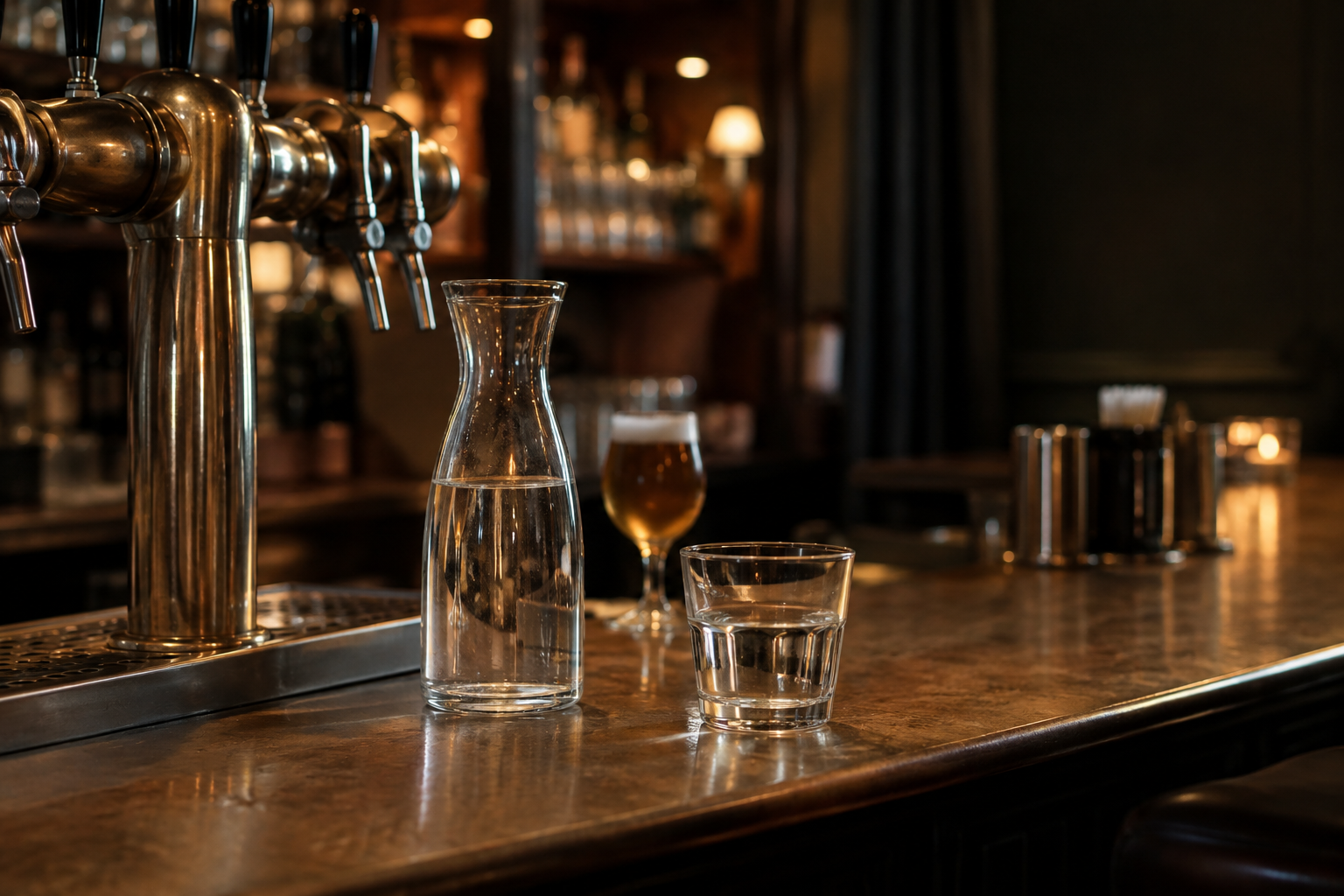 Une carafe et un verre d’eau au premier plan d’un comptoir de bar, avec des tireuses et un verre de bière en retrait.