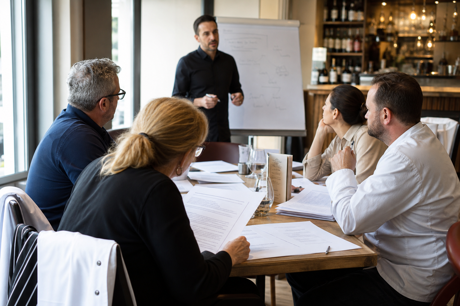 Formation de renouvellement du permis d’exploitation dans un contexte CHR, avec des adultes autour d’une table, des documents réglementaires et des éléments de restaurant visibles.
