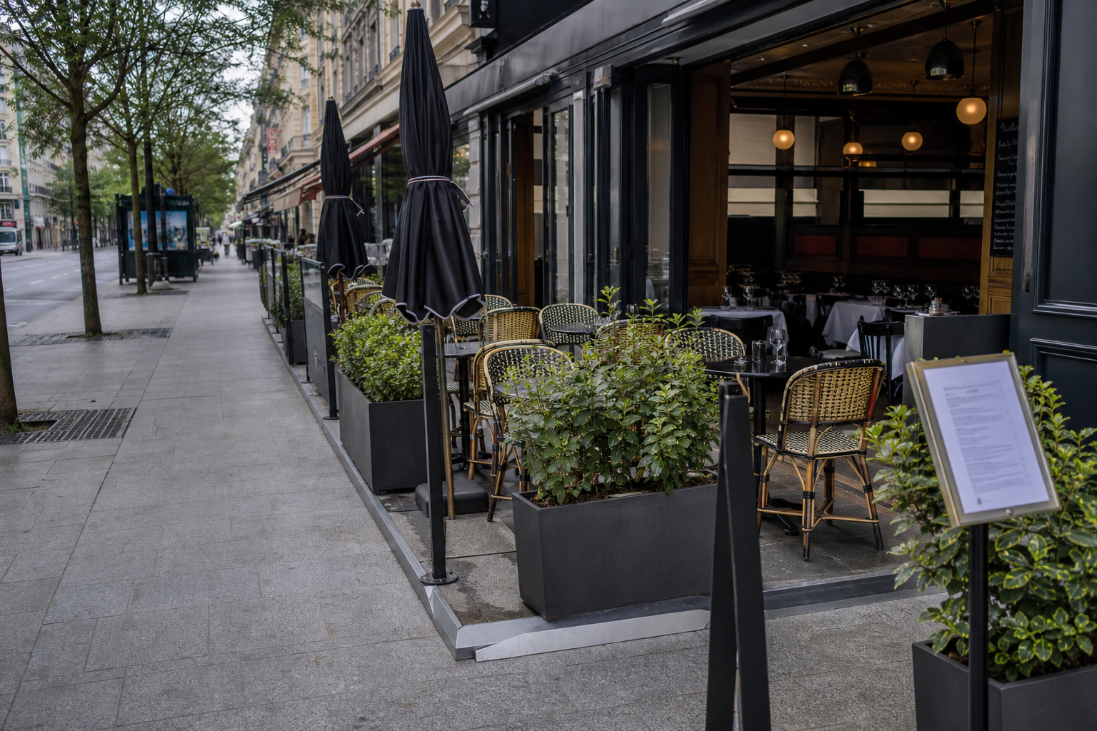 Terrasse de restaurant en France sur le domaine public avec passage piéton dégagé, illustration des règles AOT, PMR et occupation du trottoir.