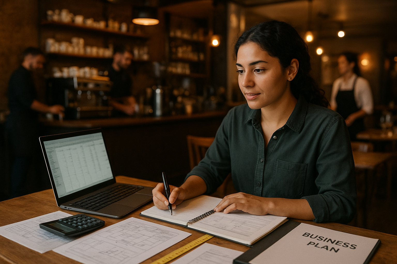 Jeune entrepreneur dans un café en France préparant le business plan et le budget d’ouverture, avec ordinateur portable et documents, ambiance professionnelle CHR au comptoir.