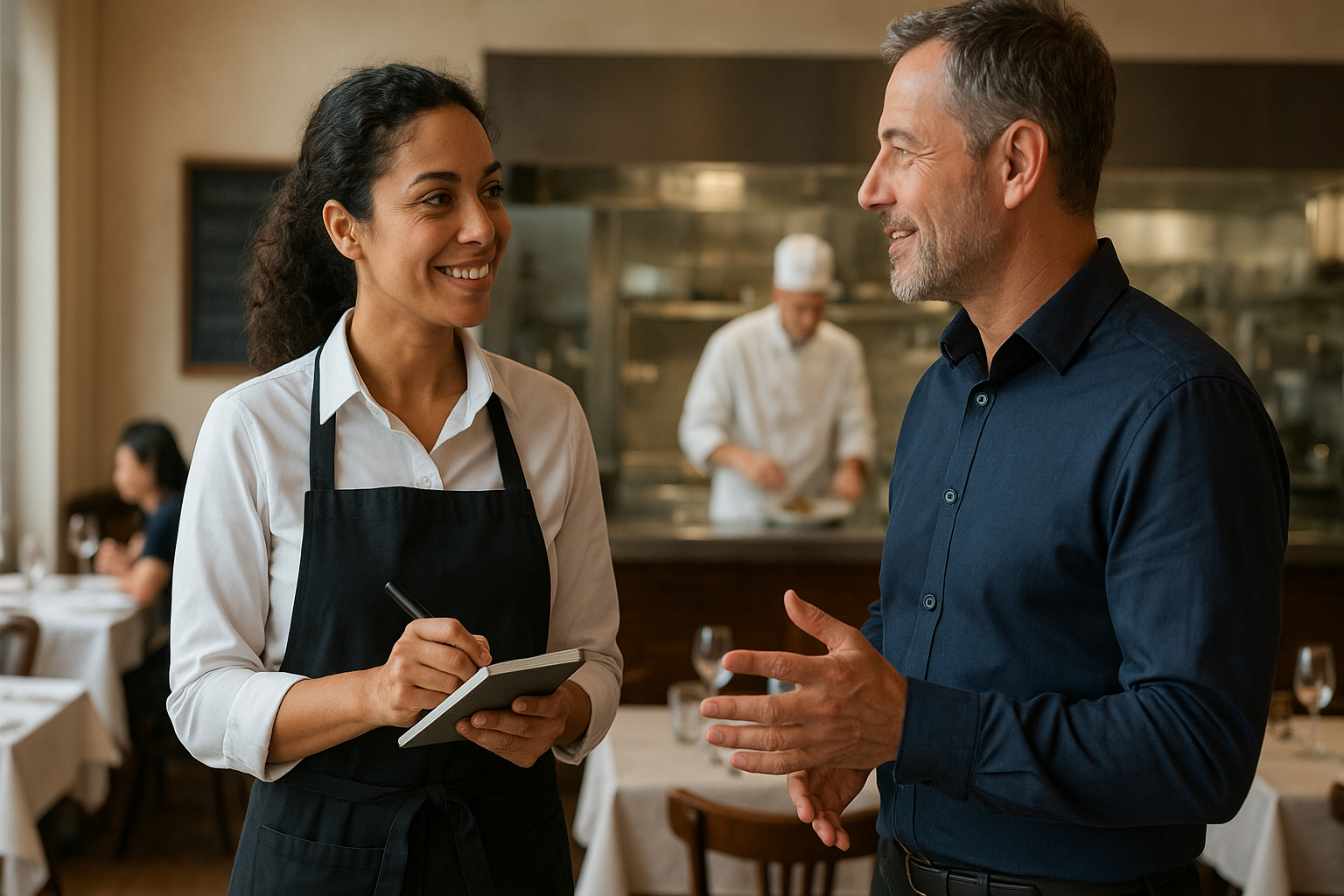 Scène réaliste dans un restaurant français : une adulte en reconversion échange avec un formateur en salle, avec une cuisine professionnelle visible en arrière-plan, illustrant les métiers CHR et la formation courte.