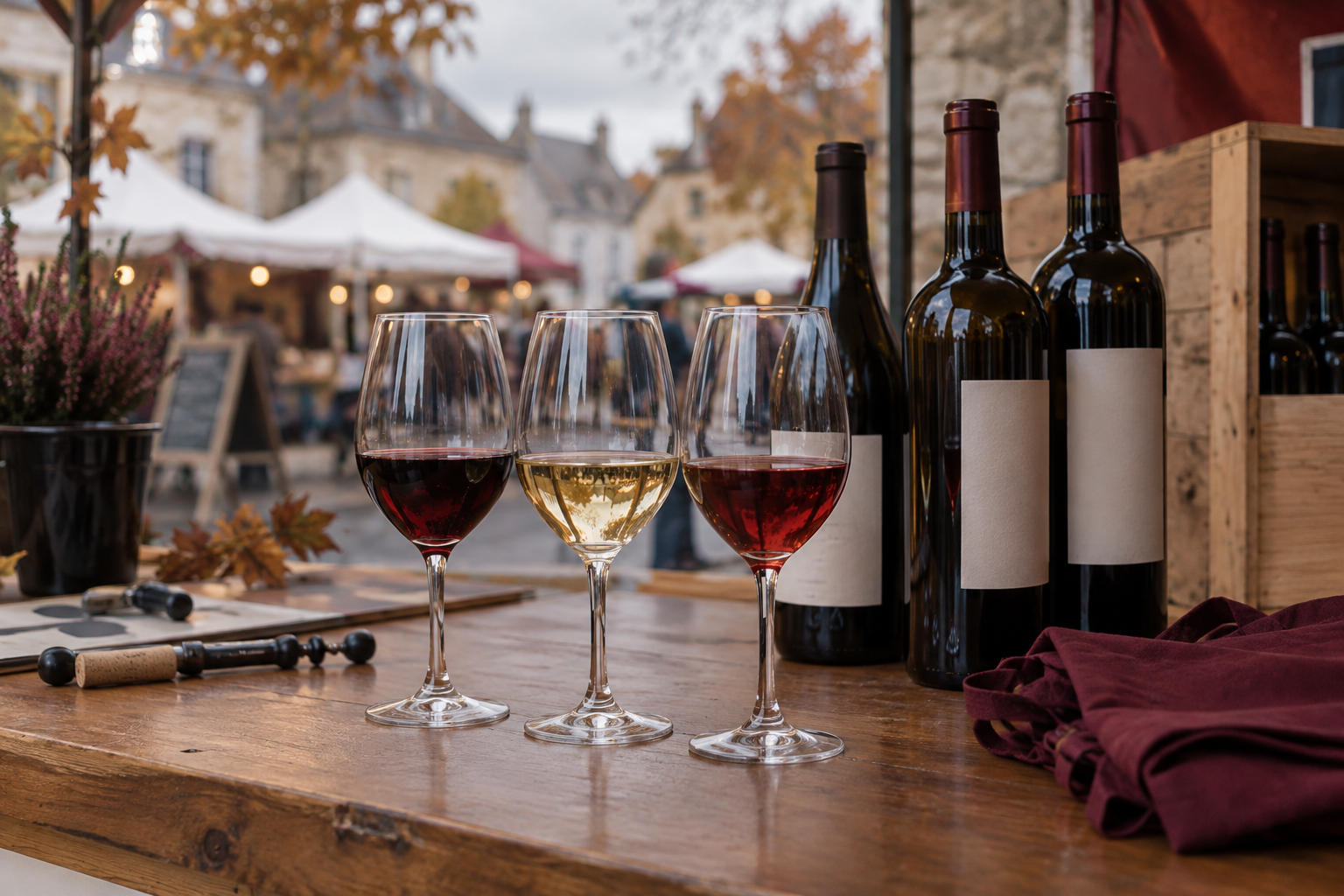Bouteilles et verres de vin alignés sur le comptoir en bois d’un stand de foire, avec une caisse et un tablier.