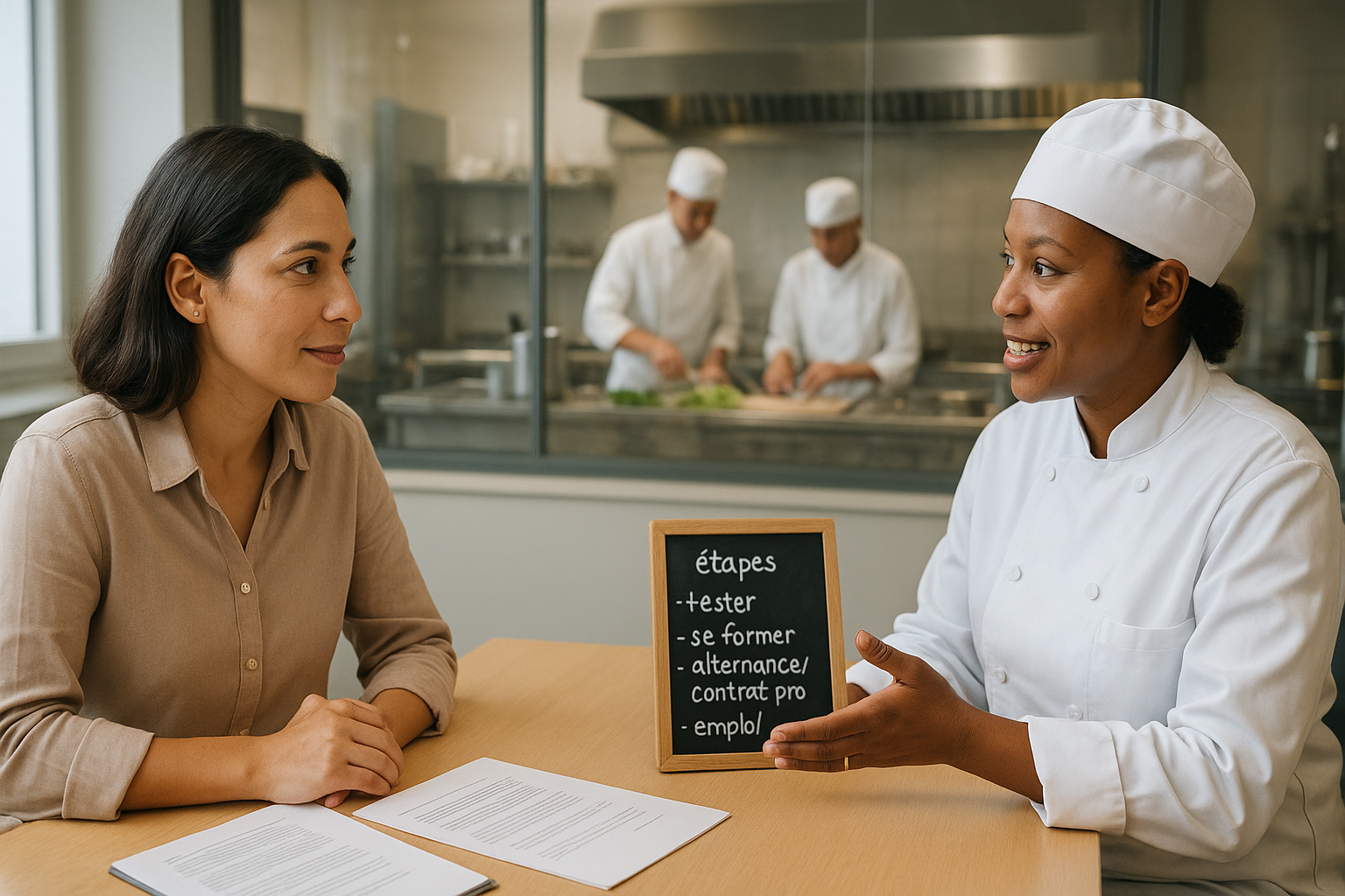 Adulte en reconversion échangeant avec un formateur dans un centre de formation CHR, avec une cuisine professionnelle en inox et des apprenants en tenue au second plan, format bannière 16:9.