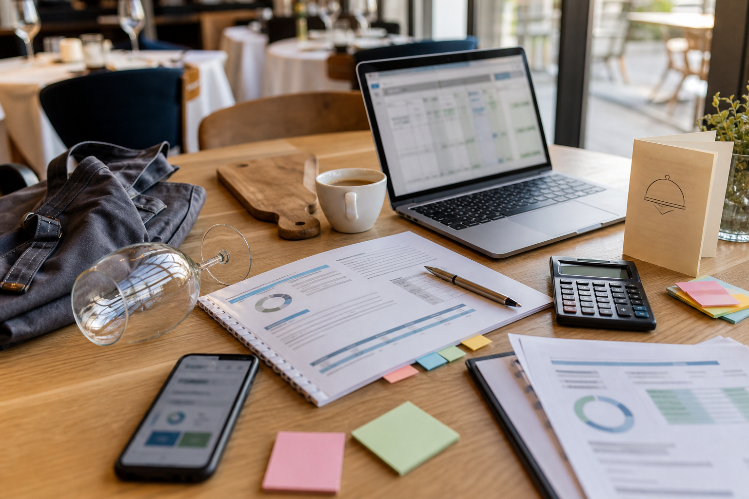 Vue plongeante sur un bureau CHR avec documents de financement, calculatrice, ordinateur portable et ancrages de restauration pour illustrer le choix entre CPF, AKTO, AIF et AGEFICE en 2026.